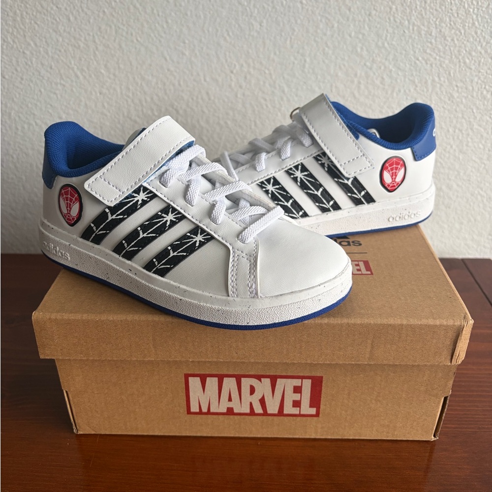 New adidas Kids White and Blue Spider-Man Sneakers
